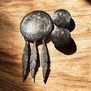Montana Silversmiths Silver Plated Dreamcatcher Feather Earrings and brooch pin